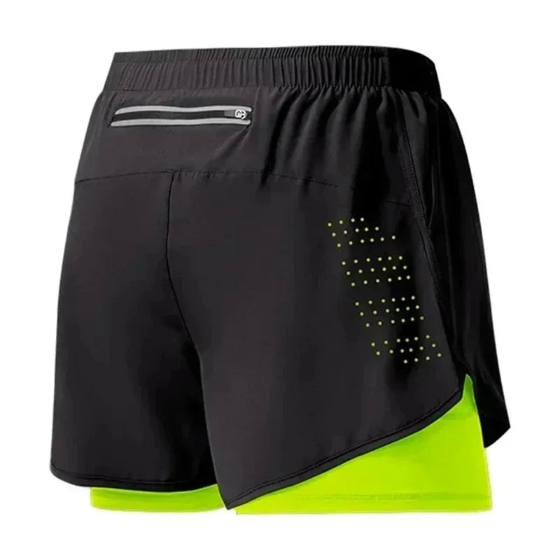 Men Fitness Built-in pocket sports Shorts Summer 2 In 1 Quick Dry Gym