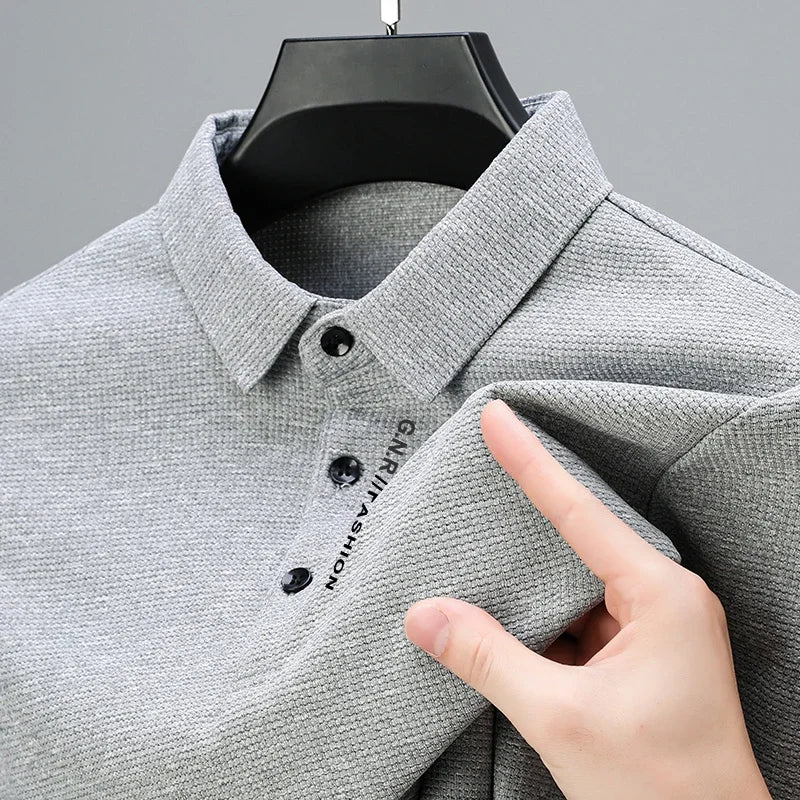 Men's Waffle Long Sleeved POLO Shirt with Letter Printed Lapel Casual