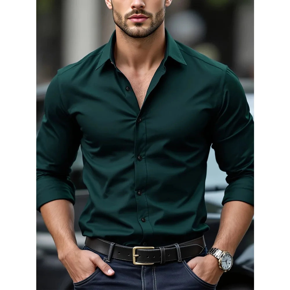 FGKKS New Men Shirt Brand New Solid Color Long Sleeve Elastic Fabric