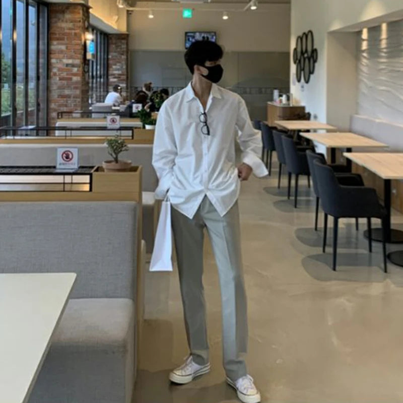 New Korean Business Men Shirts Light Luxury Slim-fit Solid Color Long