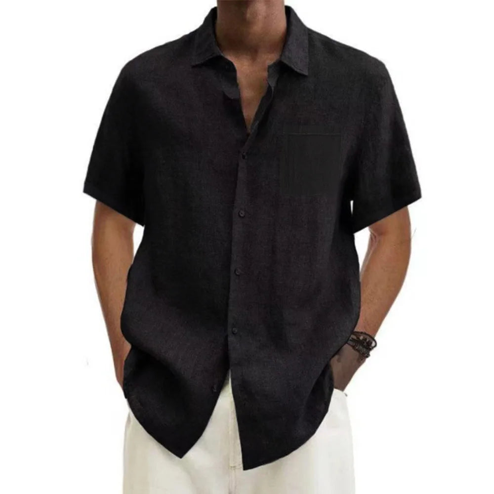 men Cotton Linen Hot Sale Men's Short-Sleeved Shirts Summer Solid