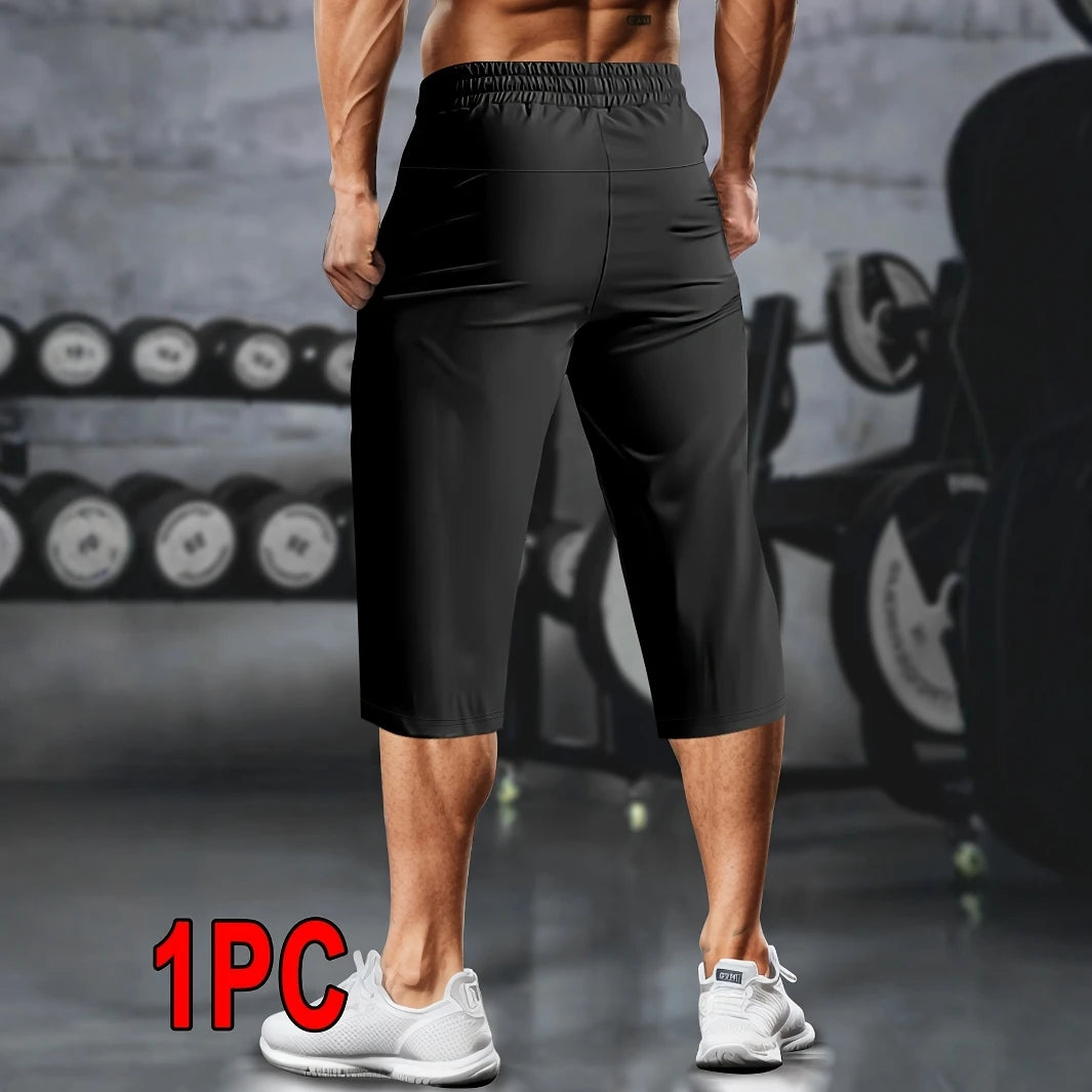 1pc Men's Lightweight Athletic Cropped Pants with Drawstring, Zippered
