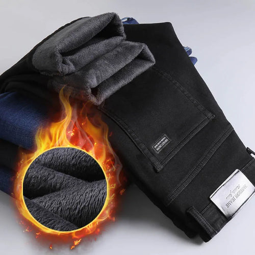 Winter Warm Jeans Men's Slim Straight Elastic Denim Pants Casual Male