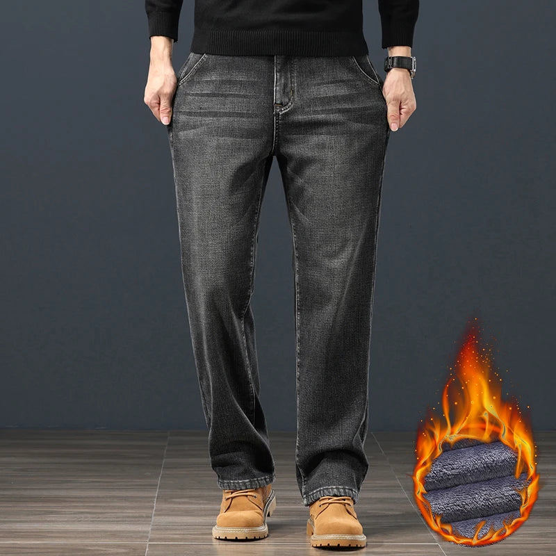 Winter Fleece Men Jeans Classic Loose Straight Warm Thicken Trousers