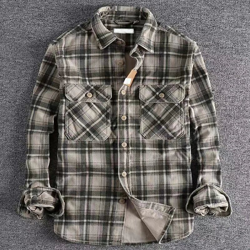 Japanese Vintage Men's Plaid Long Sleeve Shirt Spring Autumn Fashion