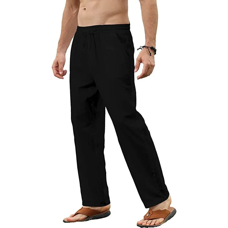 Men's Cotton Linen Pants Casual Loose Pants Male Breathable Solid