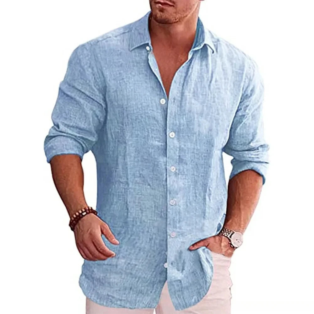 Cotton Linen Autumn Hot Selling Men's Long Sleeve Shirt Solid Color