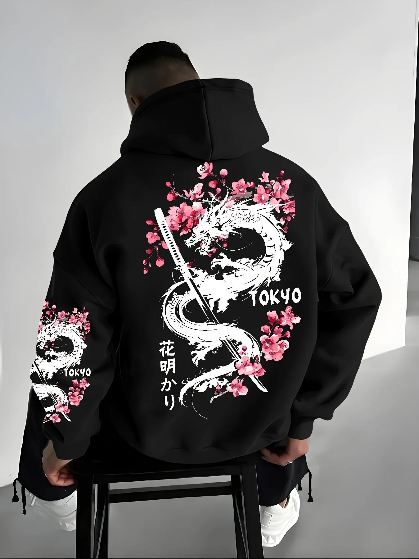 New Men's Anime Dragon Cherry Blossom Printed Hooded Sweatshirt Winter