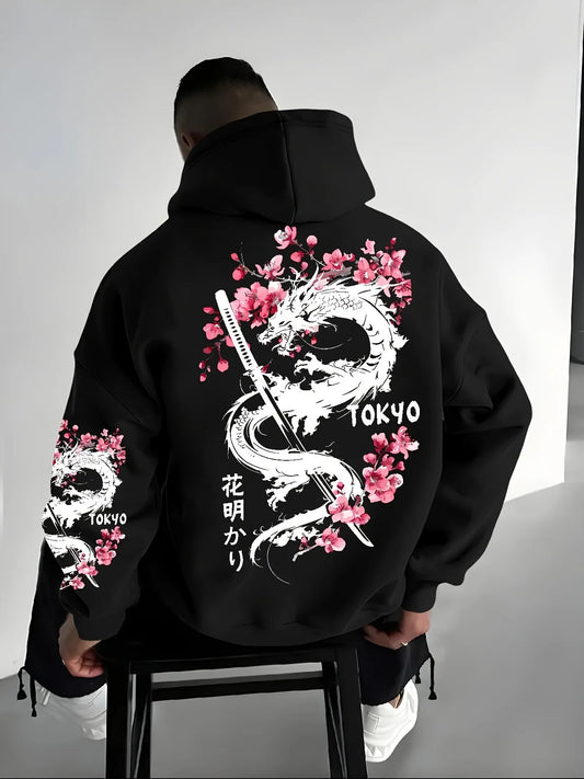 New Men's Anime Dragon Cherry Blossom Printed Hooded Sweatshirt Winter