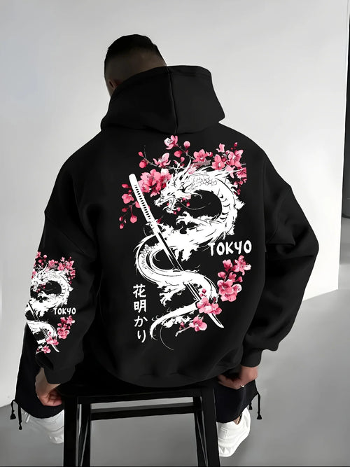 New Men's Anime Dragon Cherry Blossom Printed Hooded Sweatshirt Winter