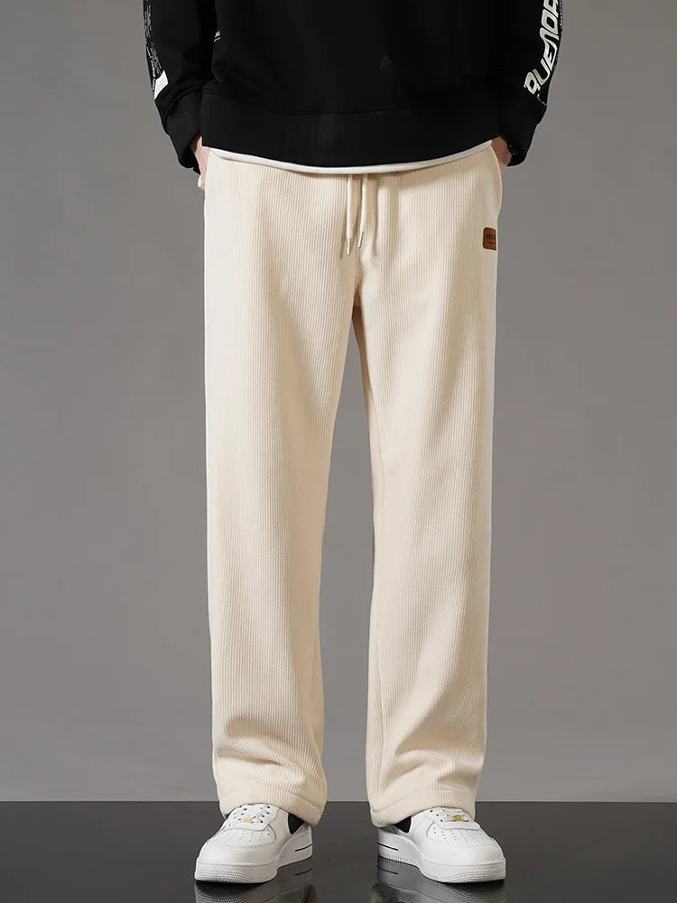 Winter Thick Warm Corduroy Sweatpants Men Fleece Liner Drawstring