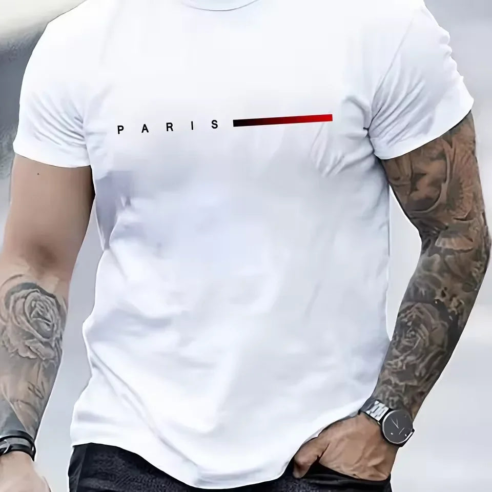 Men's 100% Cotton Summer Loose PARIS Creative Letter Print Casual Slim