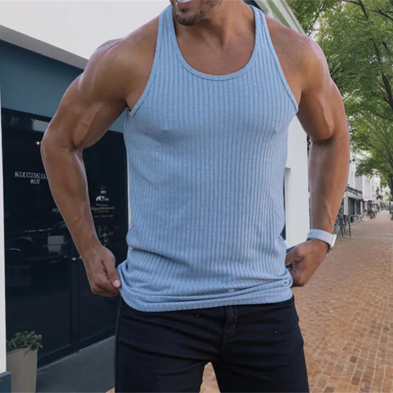 Men's Summer O-neck loose stripe gym Tank top Men Fitness sleeveless