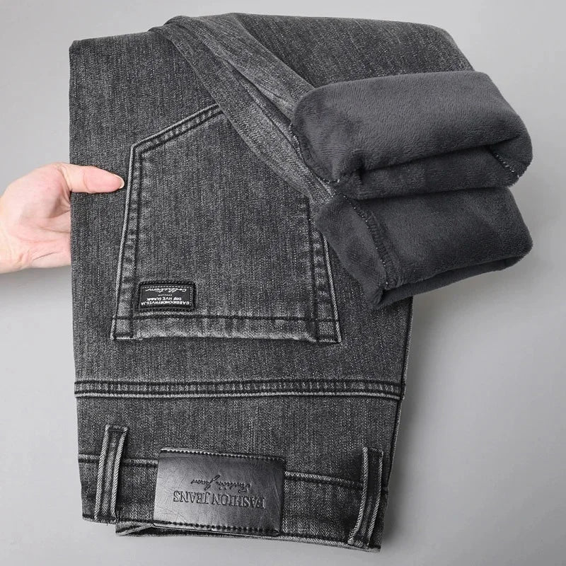 Winter Warm Jeans Men's Slim Straight Elastic Denim Pants Casual Male