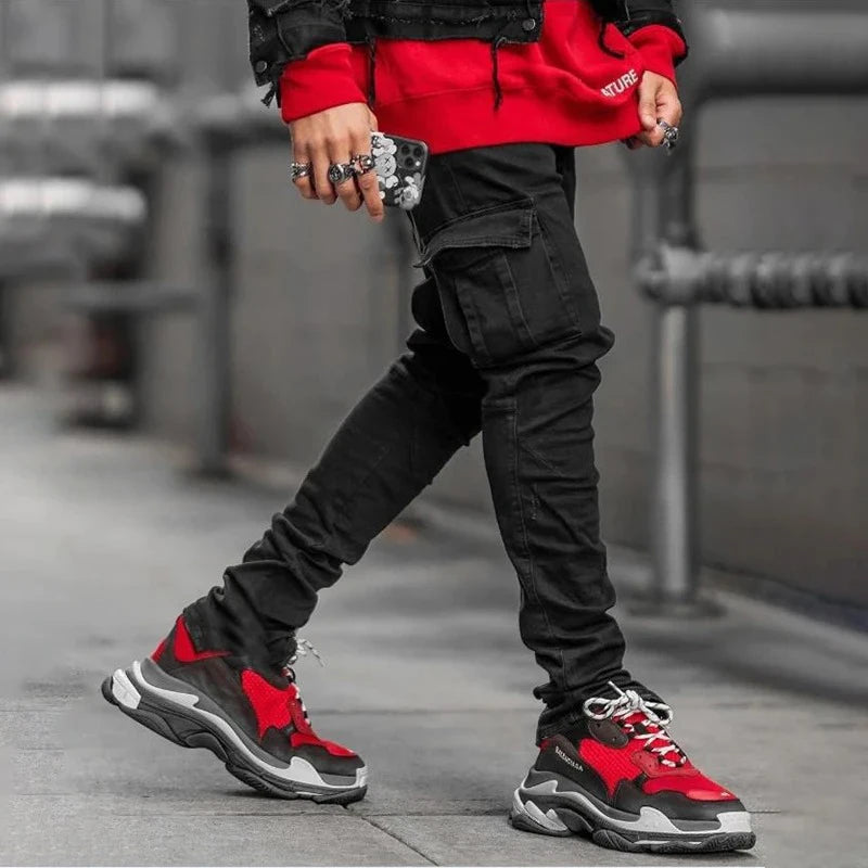 Men Street Elastic Denim Jeans Wash Solid Color Multi Pockets Cargo