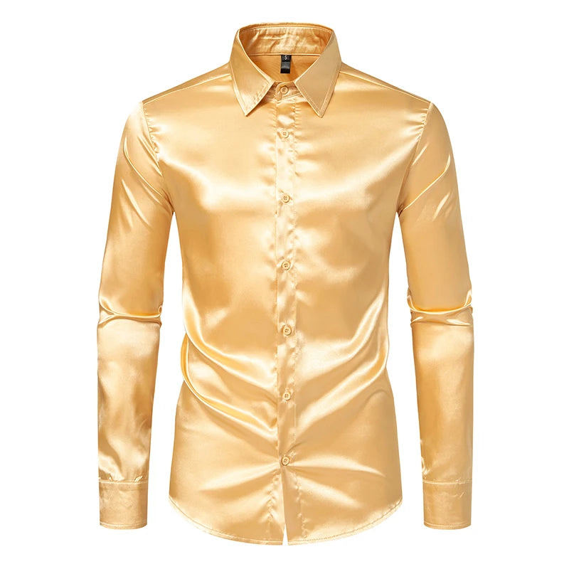 Men's Black Satin Luxury Dress Shirts Fashion Silk Smooth Tuxedo Shirt