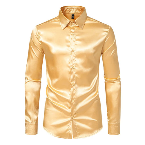 Men's Black Satin Luxury Dress Shirts Fashion Silk Smooth Tuxedo Shirt