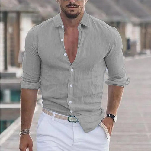 2023 New Men's Shirt Cotton linen Fashion Casual Polo Neck Beach Shirt