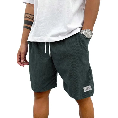 Summer Men's Solid Corduroy Shorts with Drawstring Casual Elastic