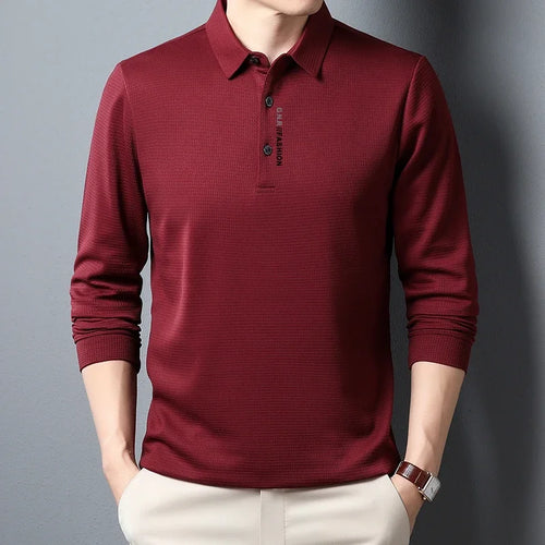 Men's Waffle Long Sleeved POLO Shirt with Letter Printed Lapel Casual