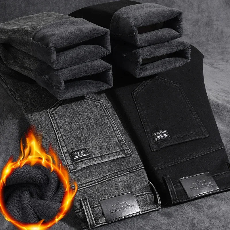 Winter Warm Jeans Men's Slim Straight Elastic Denim Pants Casual Male