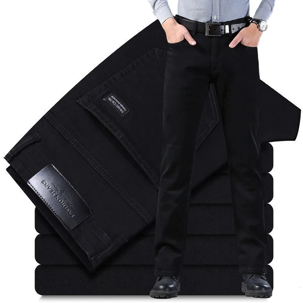 Spring Autumn Vintage Black Business Jeans Men Casual Straight Stretch