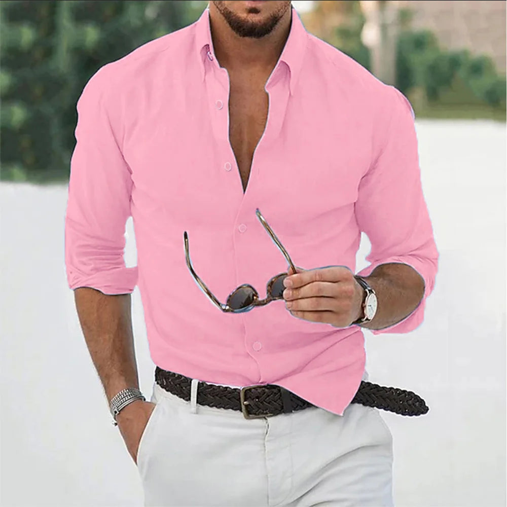 New Cotton Linen Shirts Men's Tops Causal Loose Solid Color Long