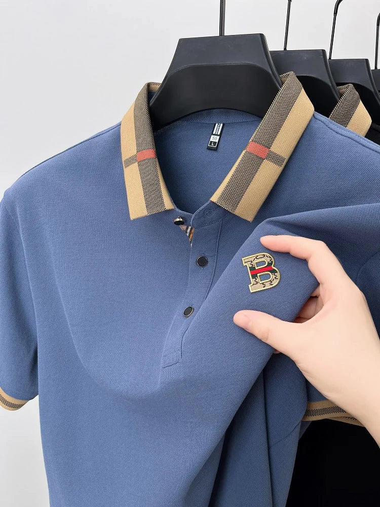 Luxury brand logo short sleeve polo shirt men summer new high-end silk