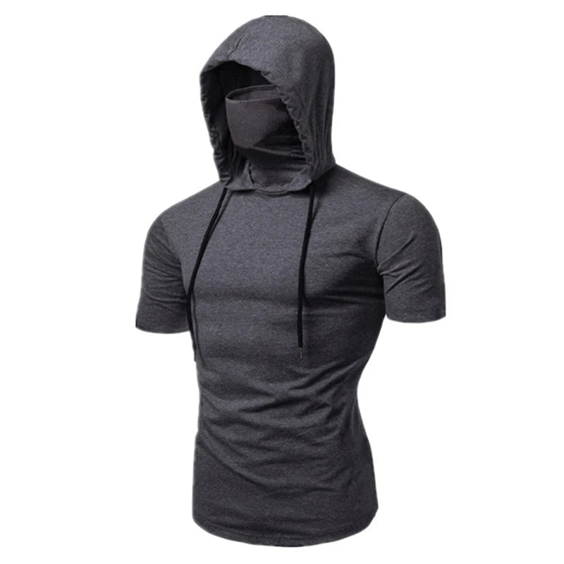 Mens Gym Thin Hoodie Short Sleeve Hoodies With Mask Sweatshirt Casual