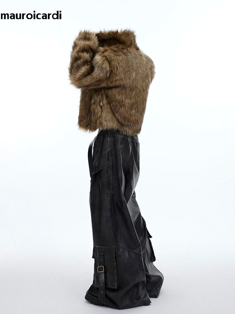 Mauroicardi Winter Short Thick Warm Brown Hairy Soft Faux Fur Coat Men