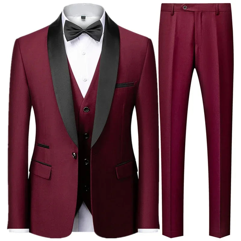 Black Men Autumn Wedding Party Three Pieces Set Large Size Male Blazer
