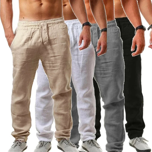 Men's Cotton Linen Pant Loose Breathable Elastic Waist Pants Solid