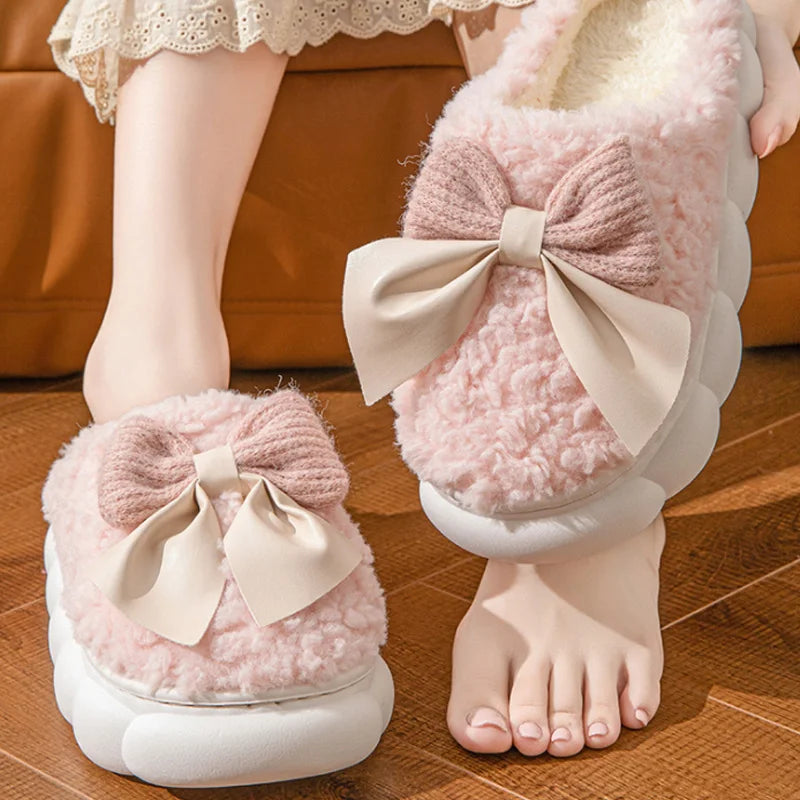 Winter Warm Fur Slippers for Women Cute bow House Non Slip Soft Shoes