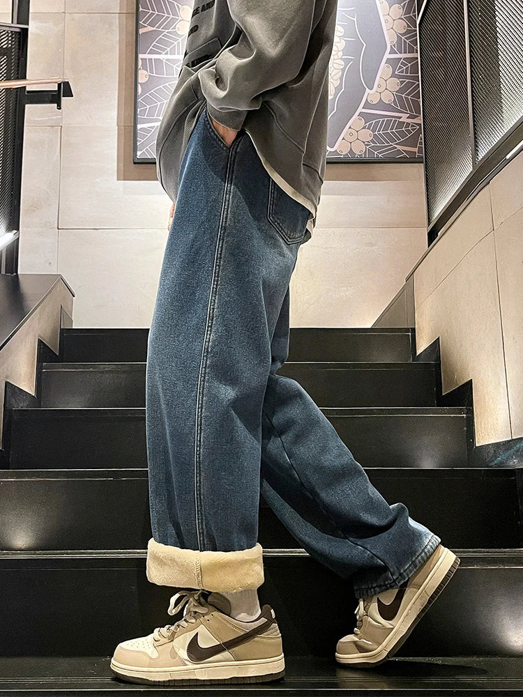 Men's Winter Jeans Fleece-Lined Brushed Thick Warm Denim Pants Korean
