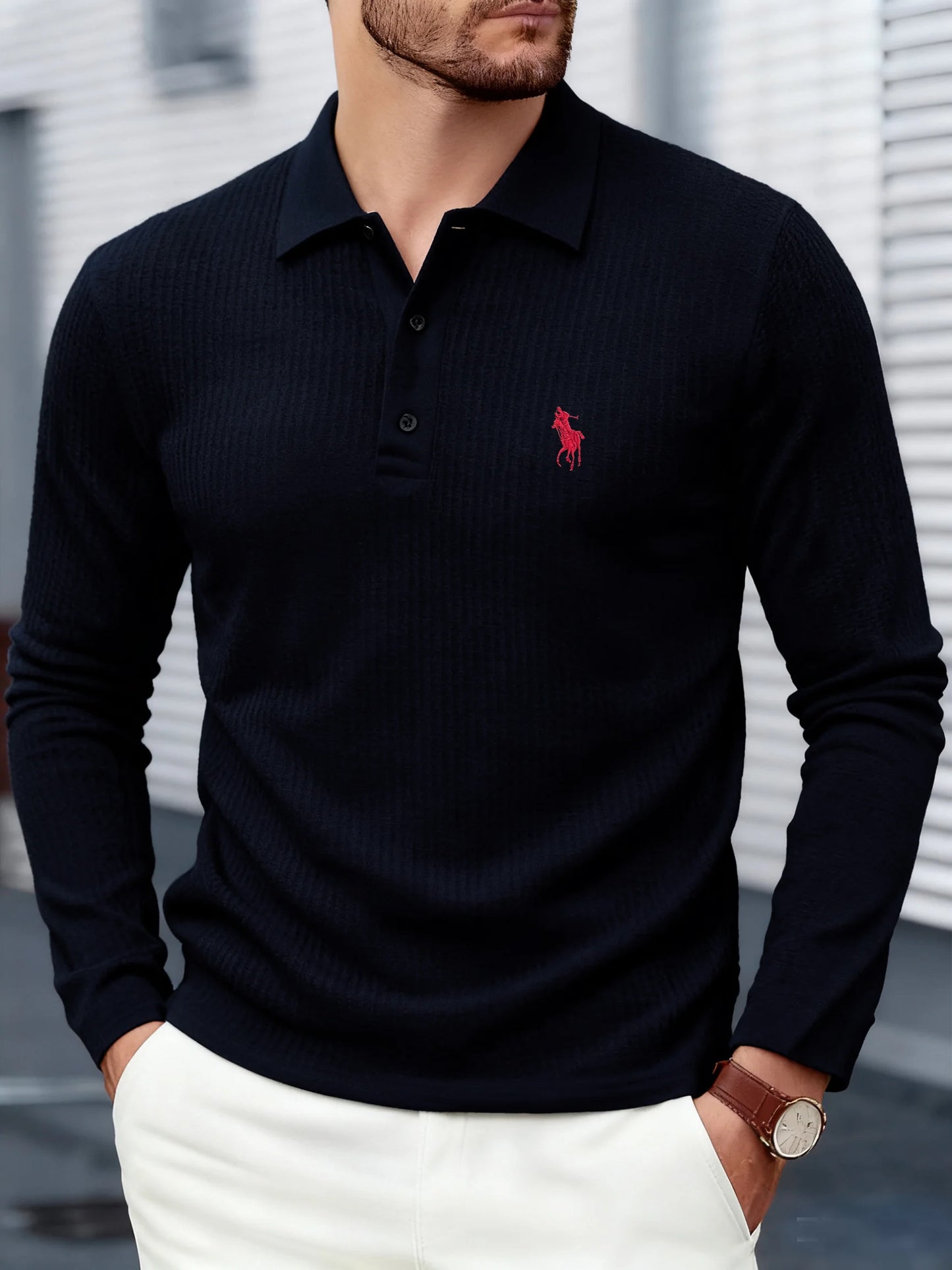 Men's high-end brand exquisite embroidered polo shirt long sleeved