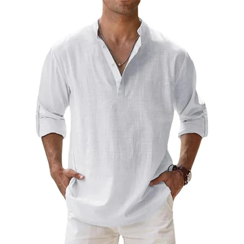 Streetwear Men Lightweight Shirts Long Sleeve Henley Cotton Linen