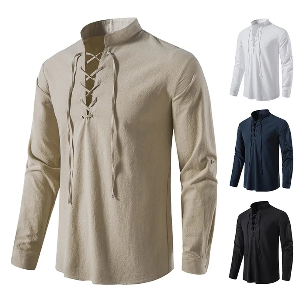 2023 New Men's Casual Blouse Cotton Linen Shirt Tops Long Sleeve Tee