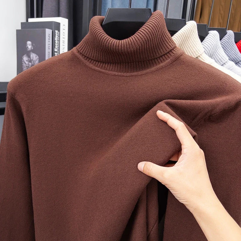 Autumn Mens High Quality Knitted Turtleneck Sweater Slim Fit Long