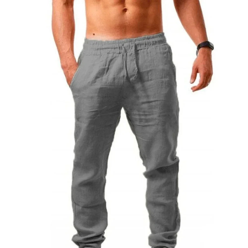 Men's Cotton Linen Pant Loose Breathable Elastic Waist Pants Solid