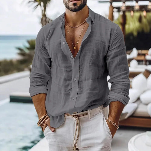 Cotton Linen Shirt for Men Summer Beach Style Solid Color Single