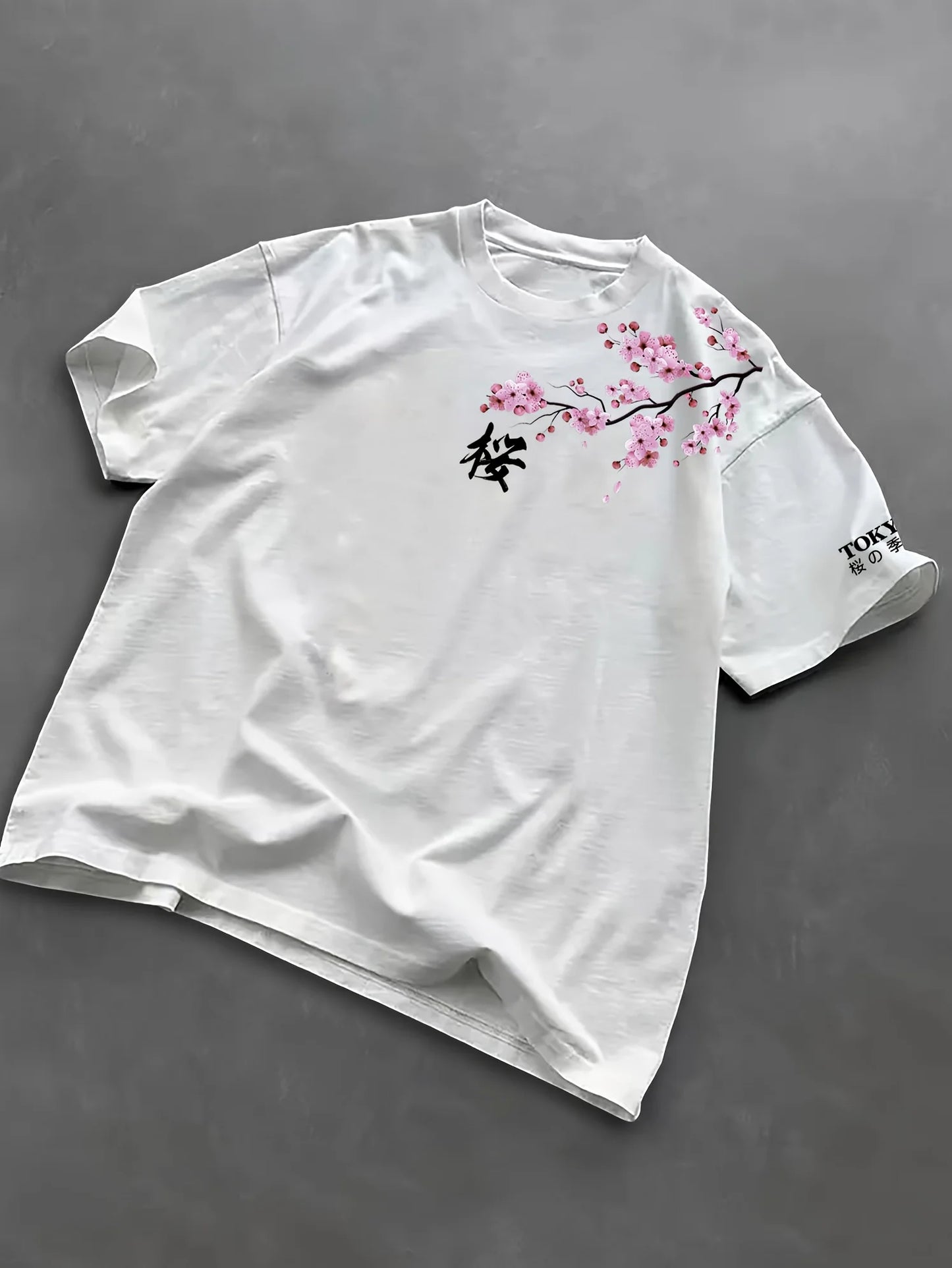 Summer Men Cherry Blossom Pattern Japanese Style Loose-Tee Shirt