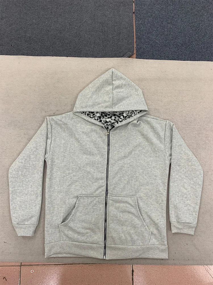 Autumn/Winter Leopard Grey Double sided Zipper Hoodie Men's Casual