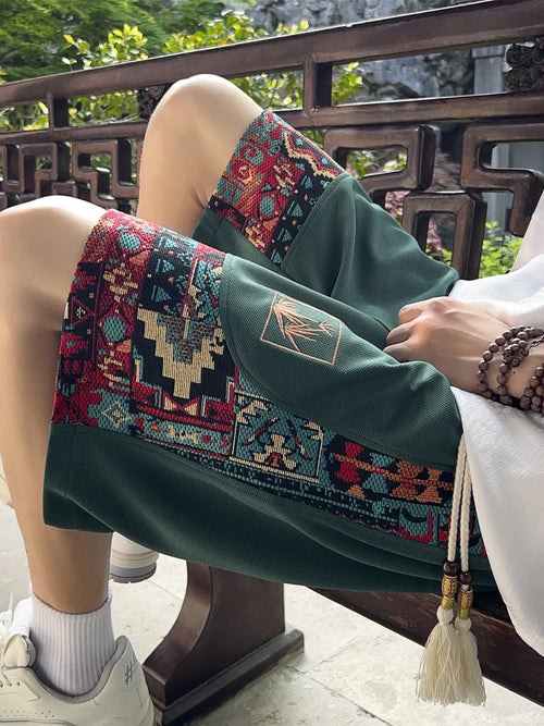 Men's ethnic embroidery pattern shorts with pockets, summer casual