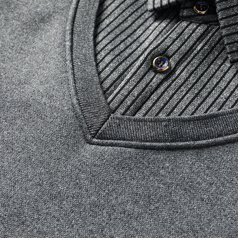 Men's Fleece Lined Sweater Polo Collar Pullover Tops Fake Two Piece