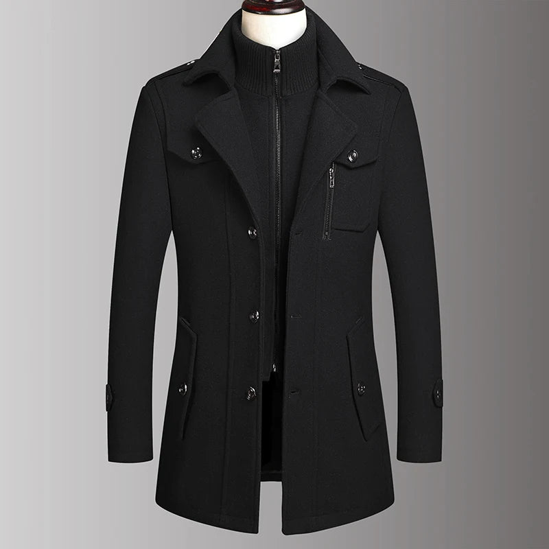 Men's Double Collar Wool Coat  Fashion Handsome Autumn Winter Business