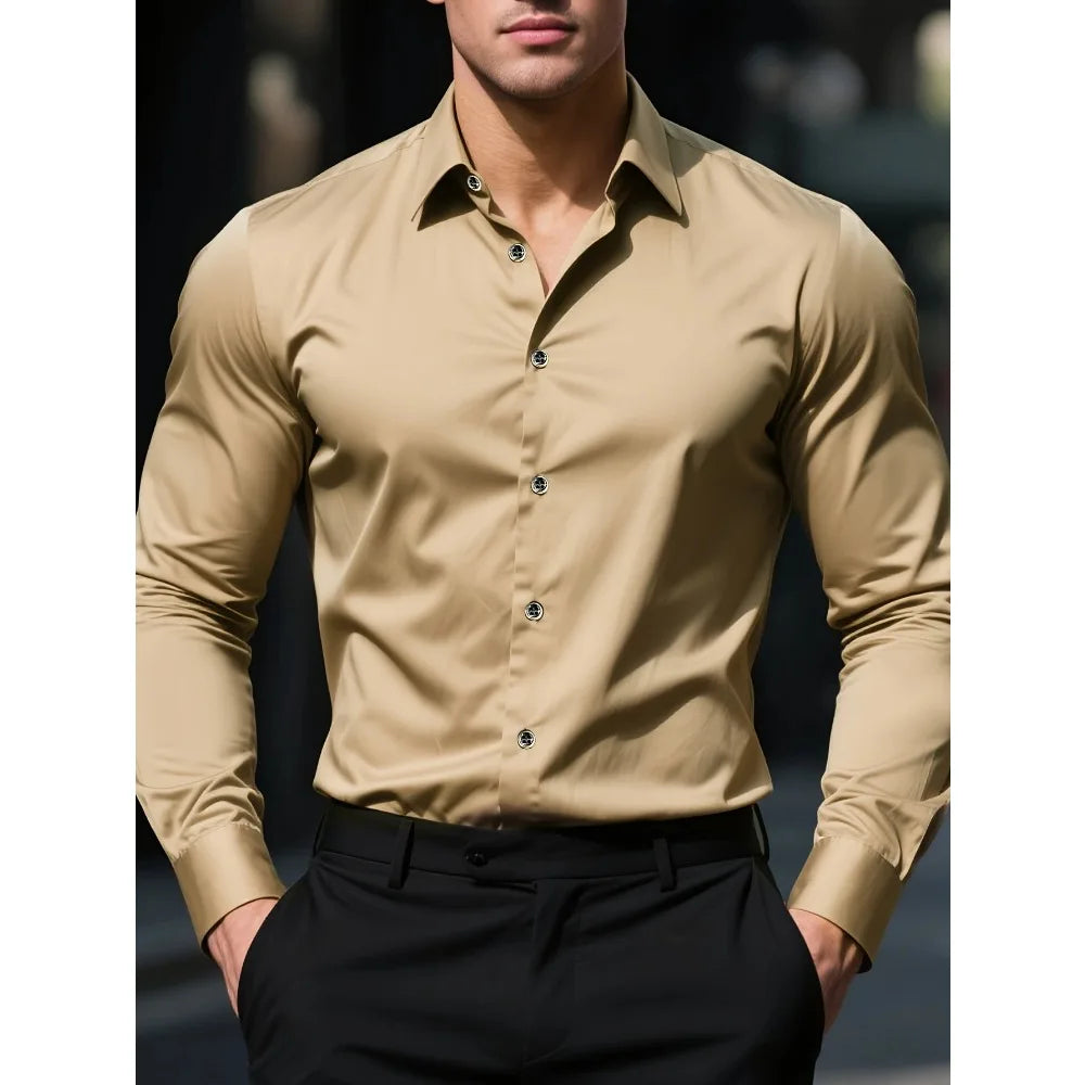 FGKKS New Men Shirt Brand New Solid Color Long Sleeve Elastic Fabric