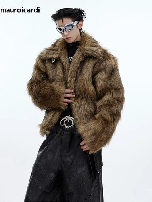 Mauroicardi Winter Short Thick Warm Brown Hairy Soft Faux Fur Coat Men