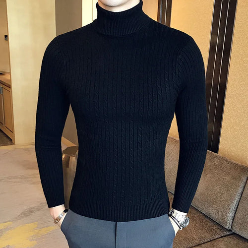 Mens Turtleneck Sweaters Winter Warm Knit Pullover Korean Cotton Solid