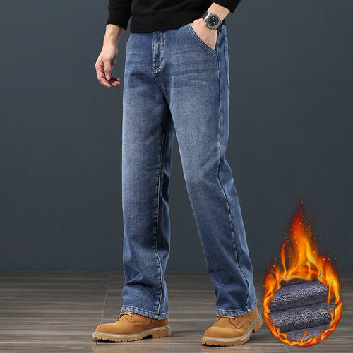 Winter Fleece Men Jeans Classic Loose Straight Warm Thicken Trousers