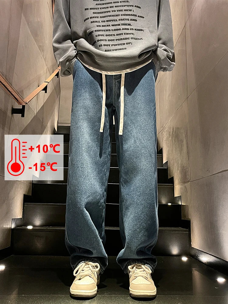 Men's Winter Jeans Fleece-Lined Brushed Thick Warm Denim Pants Korean